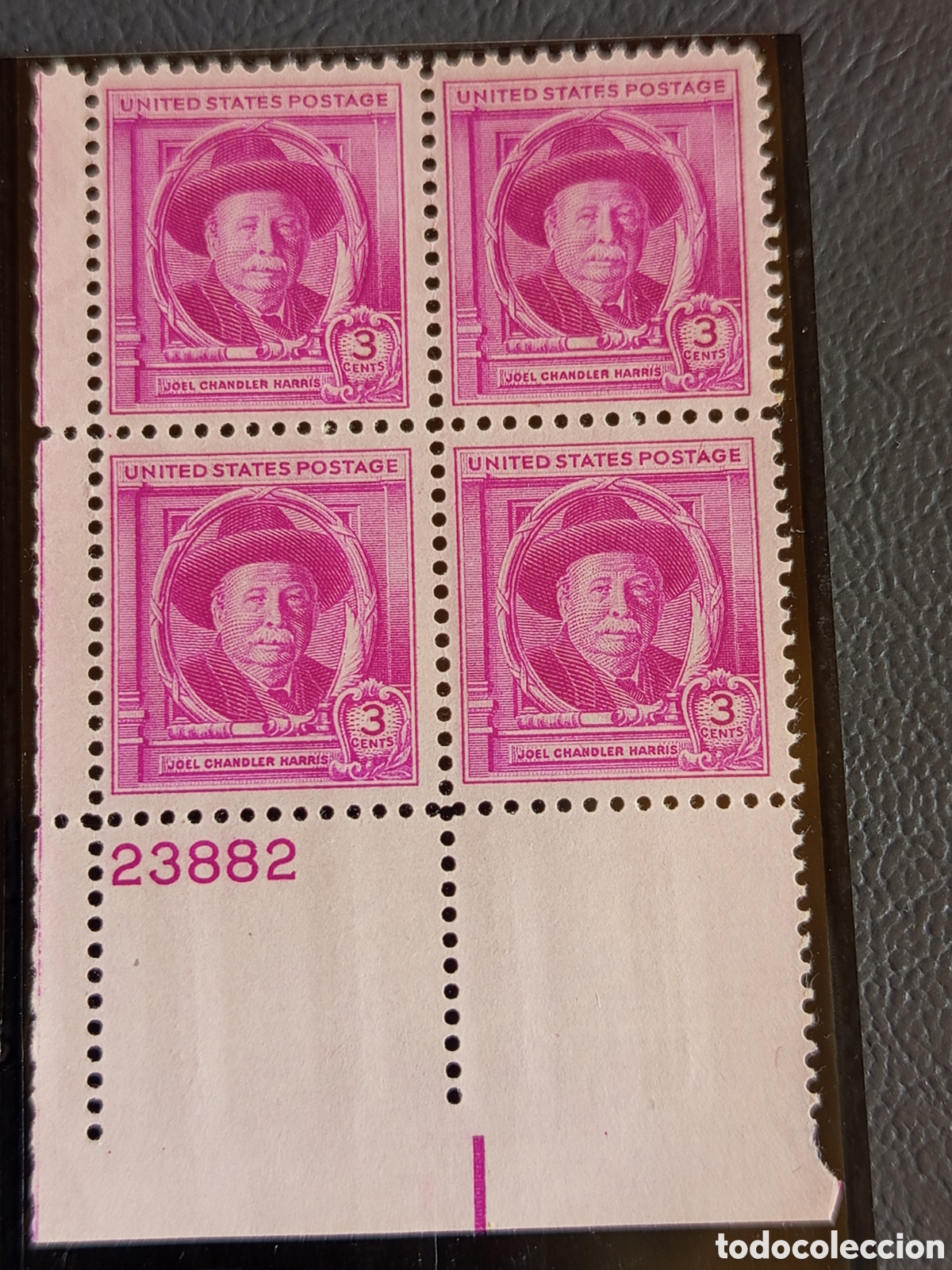 Sellos: Bloque 4 Sellos EE.UU. Joel Chandler Harris 1948 Cat Scott #980 MNH Placa 23882
