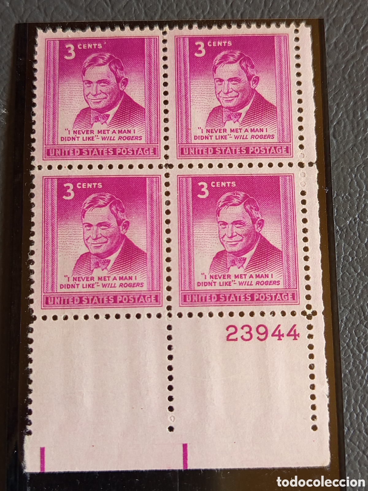 Sellos: Bloque 4 Sellos EE.UU. Will Rogers 1948 Cat Scott #975 MNH Placa 23944
