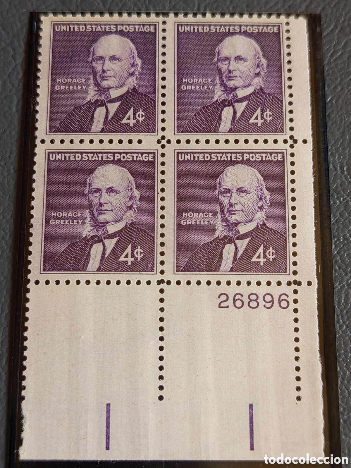 Sellos: Bloque 4 Sellos EE.UU. Horace Greeley 1961 Cat Scott #1174 MNH Placa 26896
