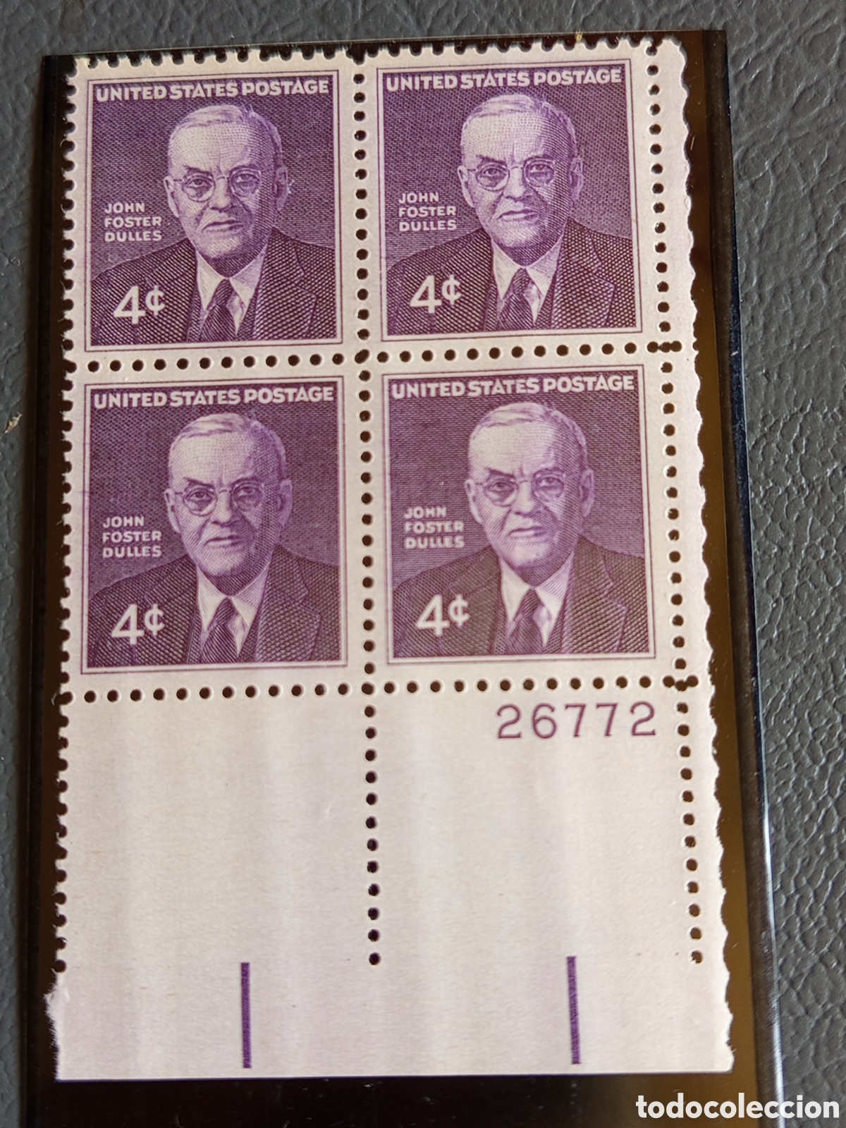 Sellos: Bloque 4 Sellos EE.UU. John Foster Dulles 1960 Cat Scott #1172 MNH Placa 26772