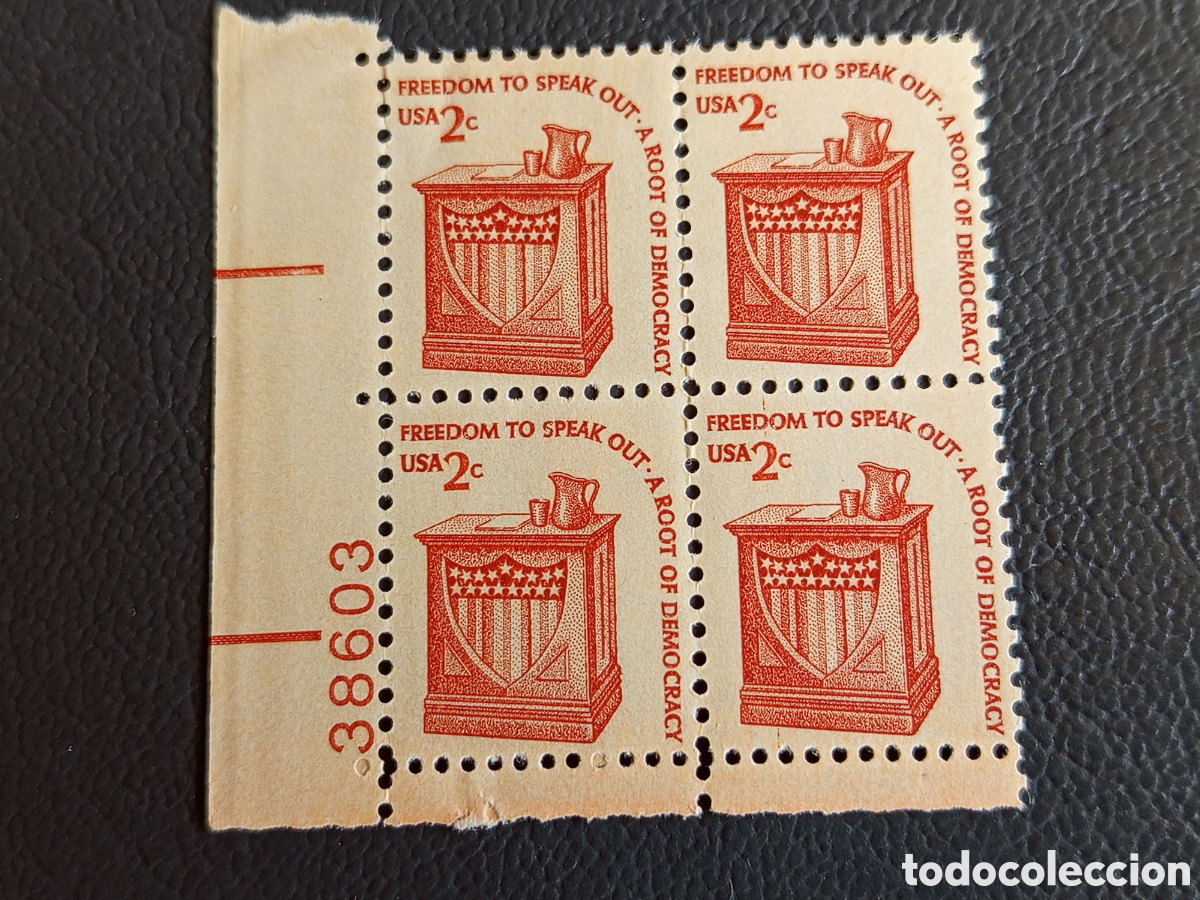 Sellos: Bloque 4 Sellos EE.UU. Freedom to Speak 1977 Cat Scott #1591 MNH Placa 38603