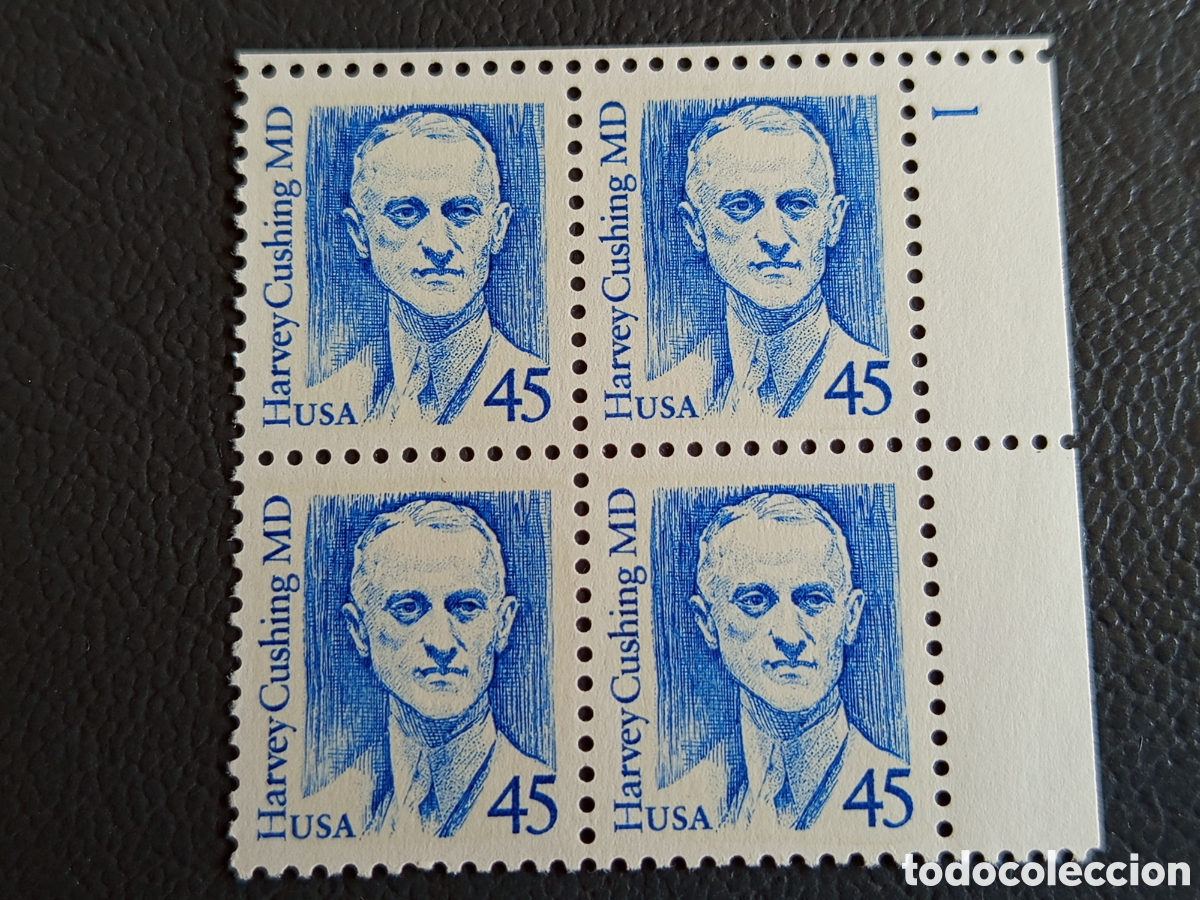 Sellos: Bloque 4 Sellos EE.UU. Harvey Cushing 1988 Cat Scott #2188 MNH Placa 1