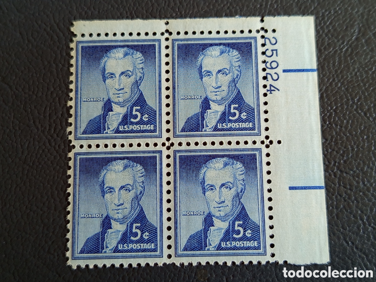 Sellos: Bloque 4 Sellos EE.UU. James Monroe 1966 Cat Scott #1284 MNH Placa 25924