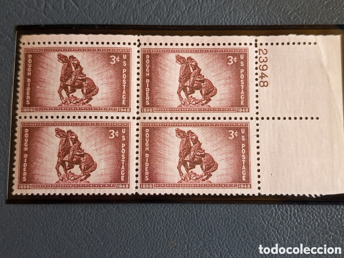Sellos: Bloque 4 Sellos EE.UU. Rough Riders 1948 Cat Scott #973 MNH Placa 23948