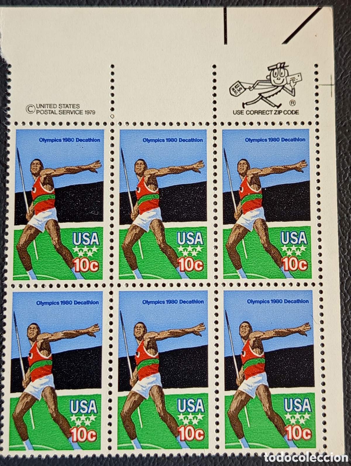 Sellos: Sello EE.UU. 1980 Olimpiadas Decatl&oacute;n Jabalina Scott #1790 Bloque 6 MNH