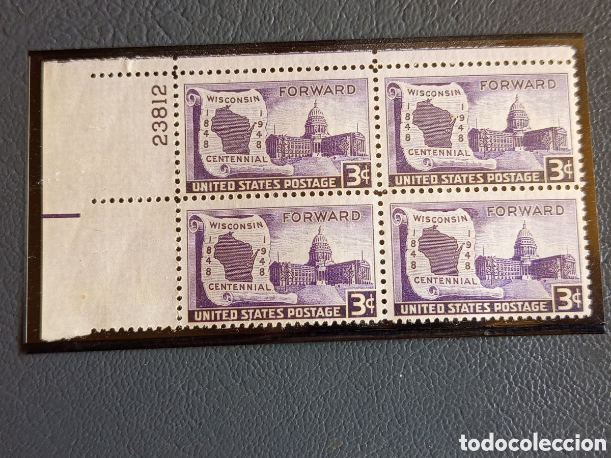 Sellos: Sello EE.UU. 1948 Centenario Wisconsin Scott #957 Bloque de Cuatro MNH