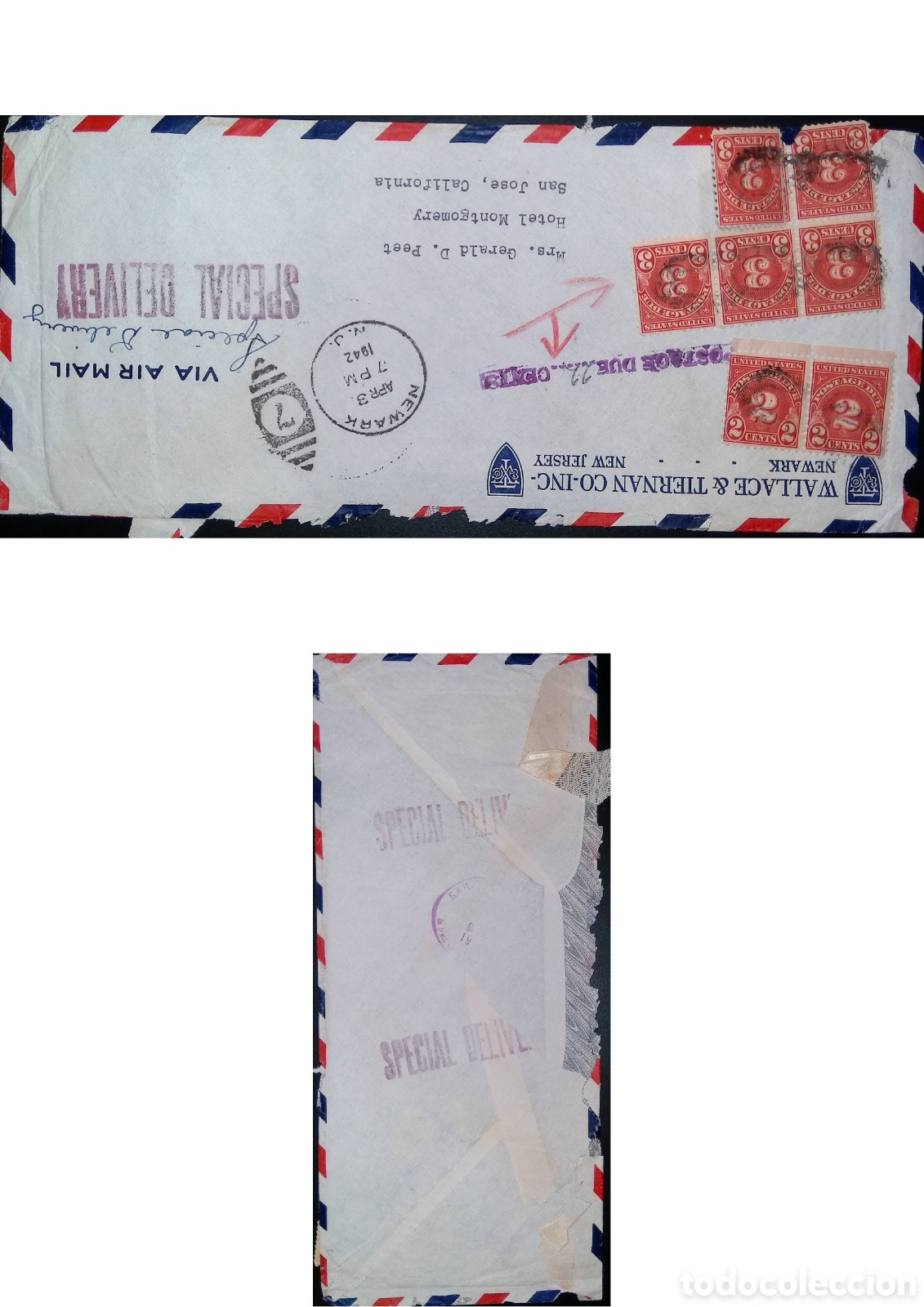 Sellos: CA)United States &middot; 1942 &middot; Airmail & Special Delivery &middot; Vintage airmail envelope franked with six 2&cent;