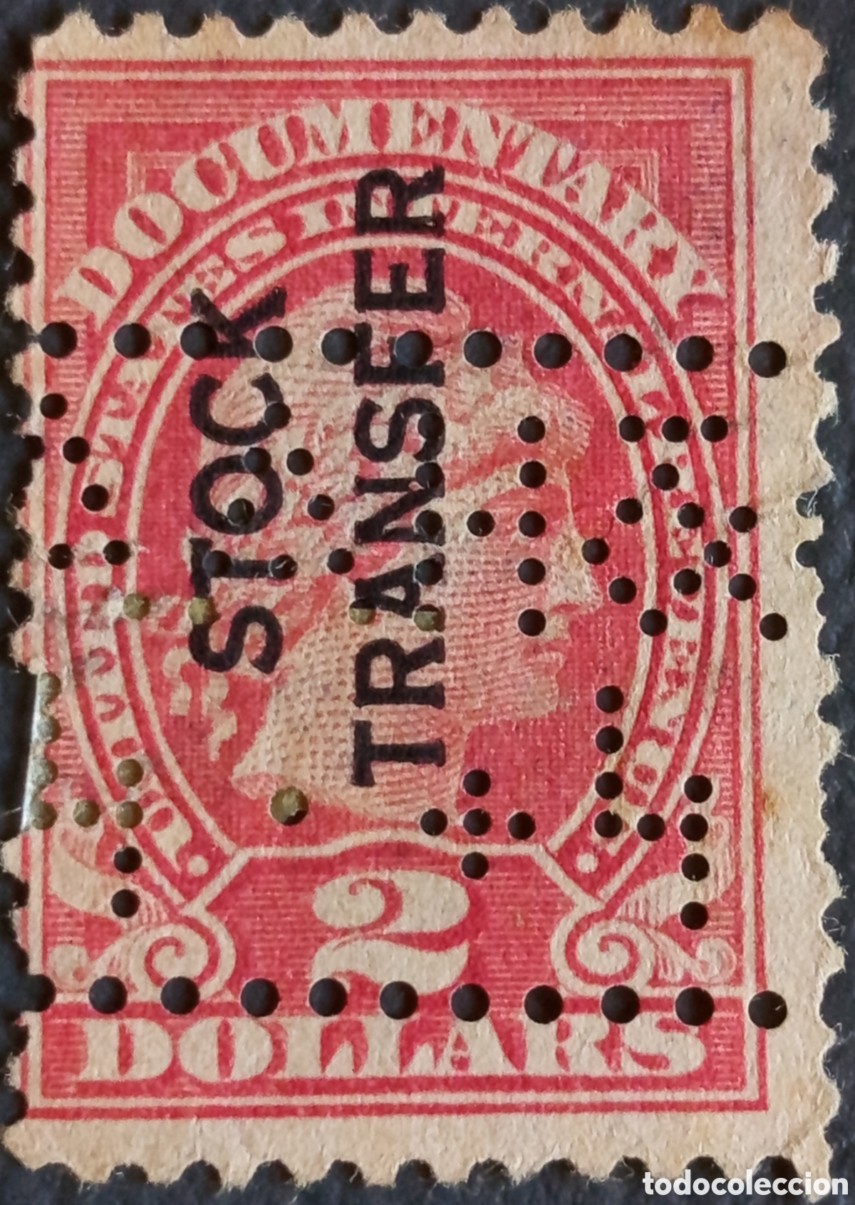 Francobolli: Sello EE.UU. Fiscal 1918 Documentary 2$ Sobrecarga Stock Transfer perfin Usado.