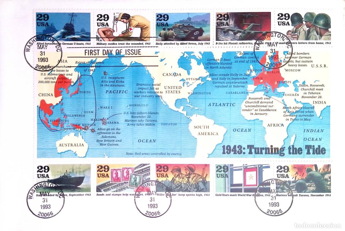 Sellos: O) 1993 UNITED STATES - USA, DESTROYERS ALLIED FORCES BATTLE GERMAN U-BOATS, MILITARY MEDICS TREAT