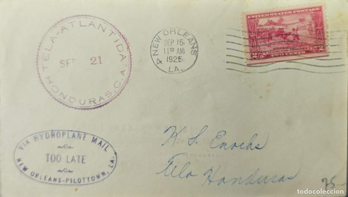 Sellos: O) 1925 UNITED STATES - USA, VIA HYDROPLANE MAIL, TOO LATE, ATLANTIDA, BIRTH OF LIBERTY BY HENRY