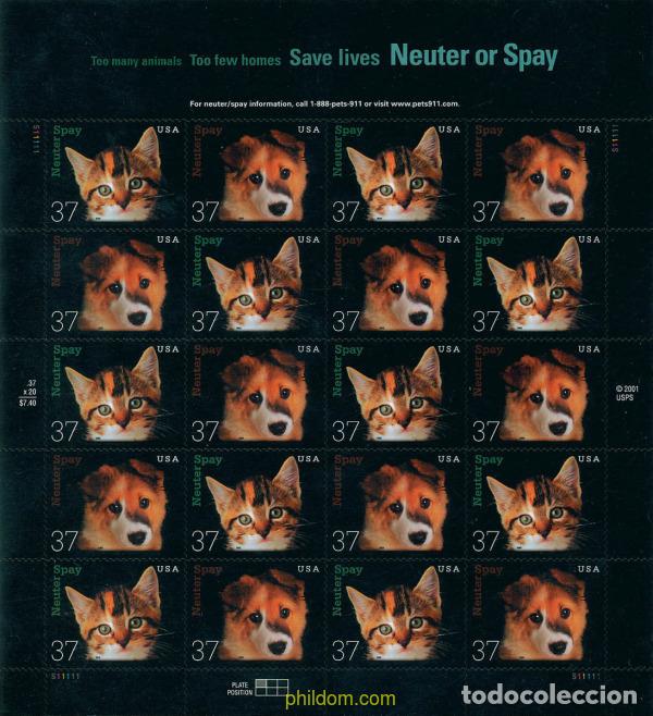 Sellos: 101590 MNH ESTADOS UNIDOS 2002 ESTERILIZACION DE GATOS Y PERROS