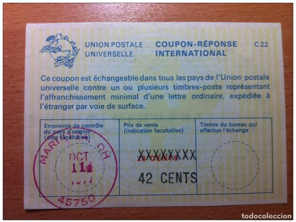 Sellos: USA 42 centavos de un total 26 11/10/1977 UPU INTERNATIONAL CUP&Oacute;N-RESPUESTA C22 C 22