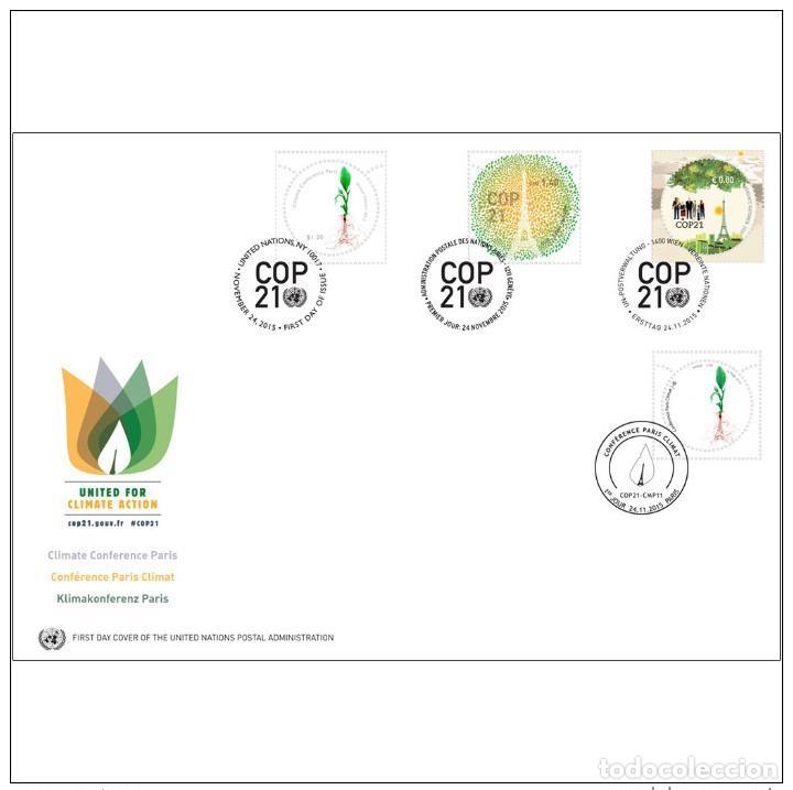Sellos: Francia: ONU COP21 2015 emisi&oacute;n com&uacute;n de sellos FDC 4 sobre clima y