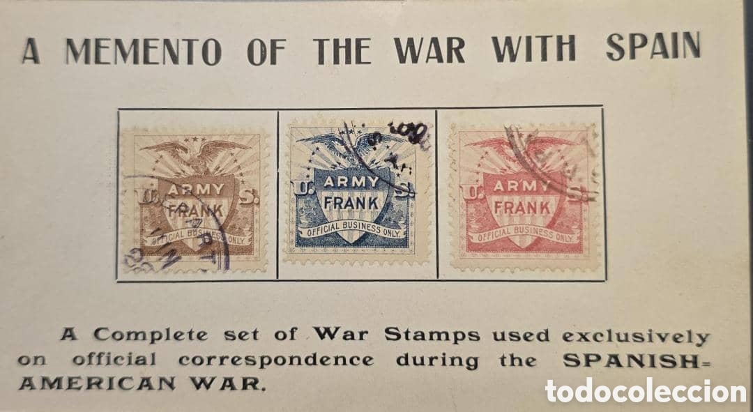 Sellos: Cy) 1898 United States Spanish‑American War Army Frank stamps Description in English: A commemorat