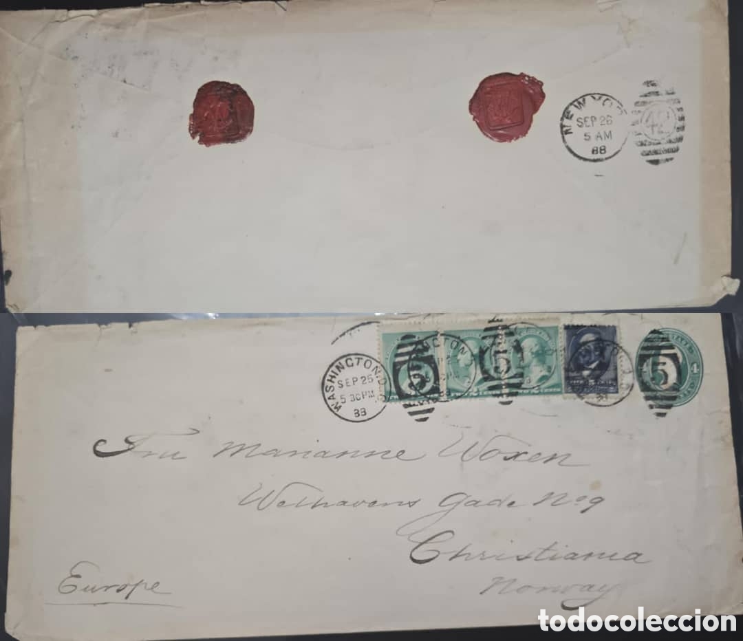 Sellos: Cy) 1888 &ndash; United States &ndash; International postal cover (front and back) A complete envelope mailed fr