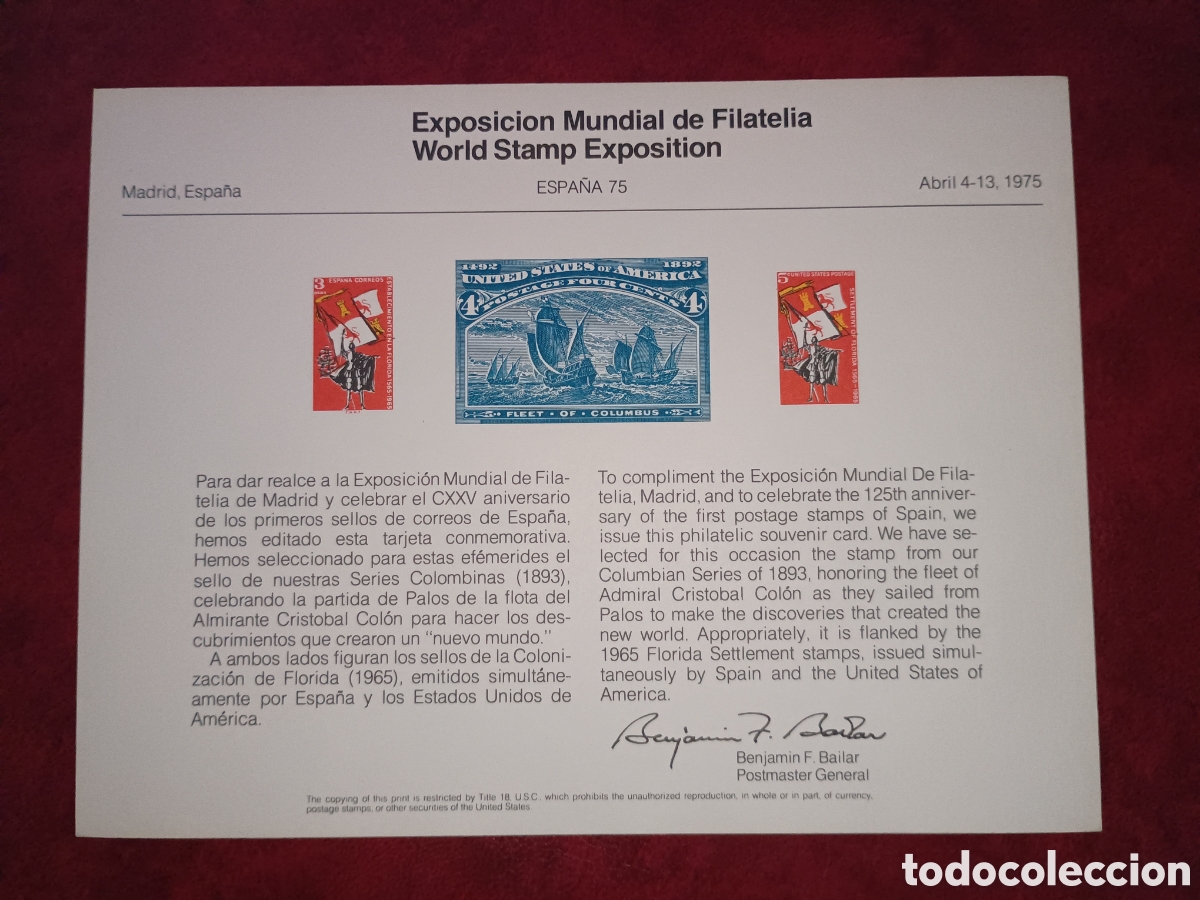 Timbres: EXPOSICI&Oacute;N MUNDIAL DE FILATELIA ESPA&Ntilde;A 75 - ESTADOS UNIDOS - HOJA RECUERDO