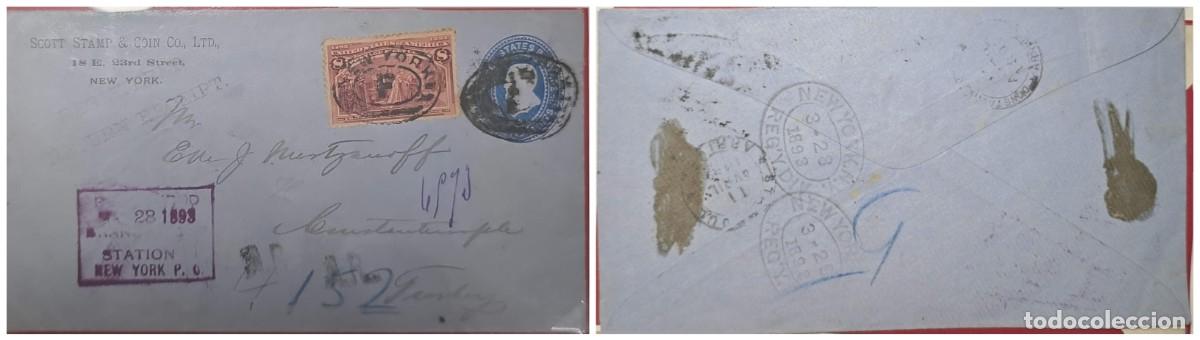 Sellos: O) 1893 UNITED STATES - USA, STATION NEW YORK, COLUMBUS RESTORED TO FAVOR 8c, POSTAL STATIONERY, GR
