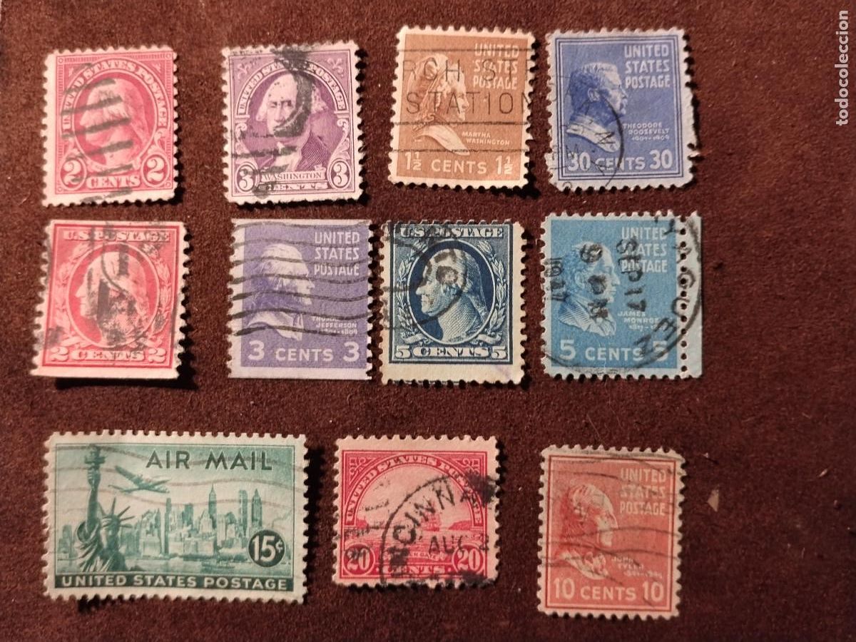 Sellos: Lote 11 sellos USA cl&aacute;sicos (1923&ndash;1954) &ndash; Air Mail, Washington, Roosevelt, Lincoln, Hamilton &ndash; Usado