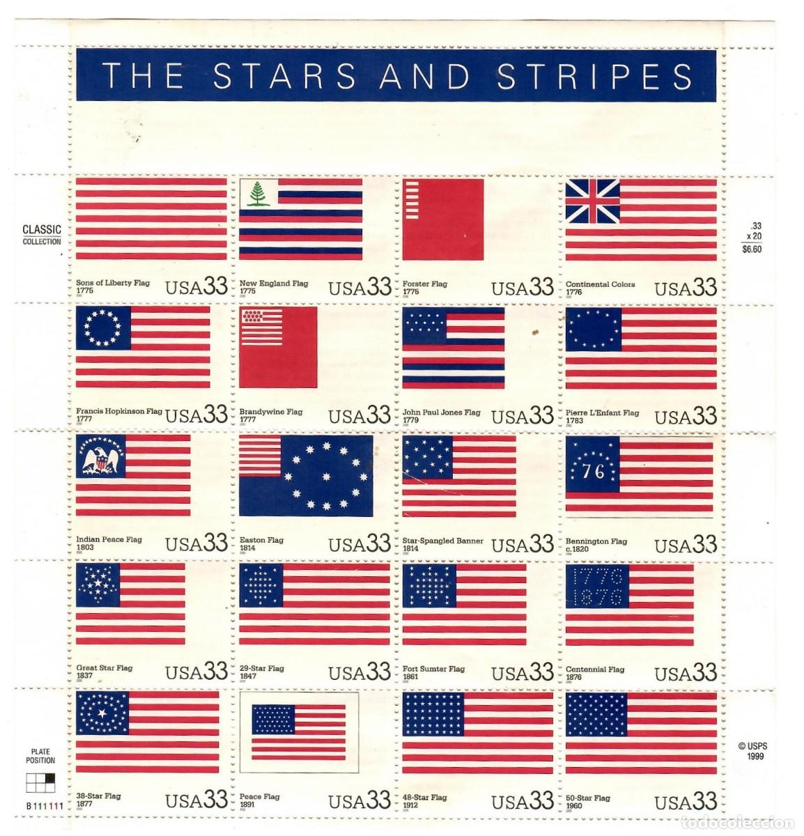 Sellos: PLANCHA 20 SELLOS HISTORIA BANDERA DE E.E.U.U. EDICION 1999