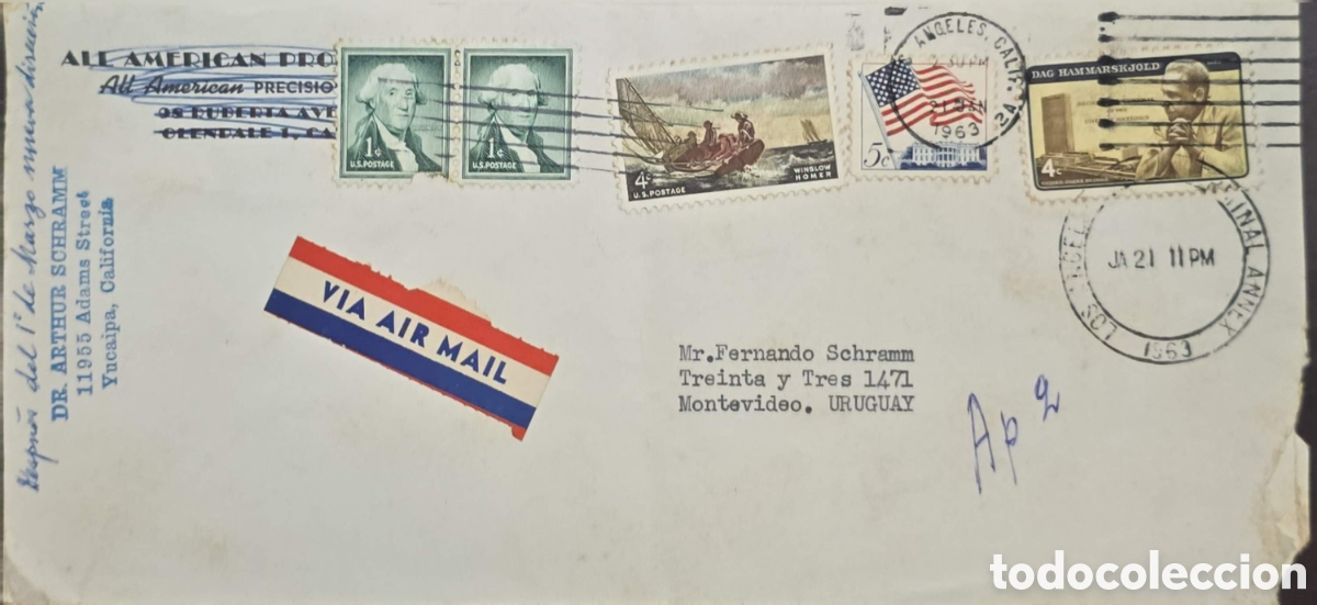 Sellos: CA)Estados Unidos + 1963 + Airmail + Vintage envelope with red‑white‑blue &ldquo;VIA AIR MAIL&rdquo; label, mult