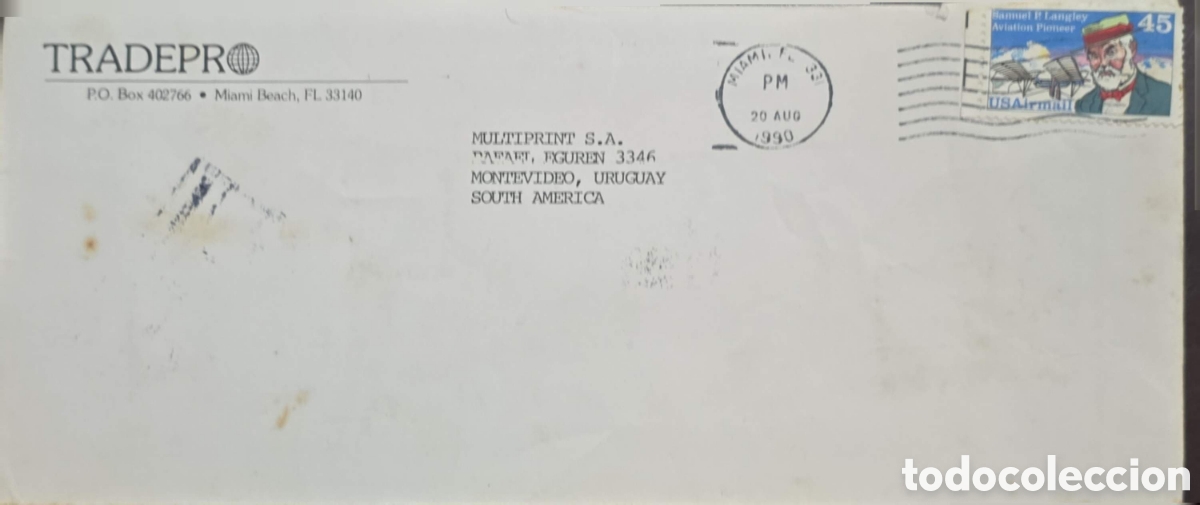 Sellos: CA)Estados Unidos + 1990 + Airmail + Commercial envelope from Miami with printed sender &ldquo;TRADEPRO,&rdquo;