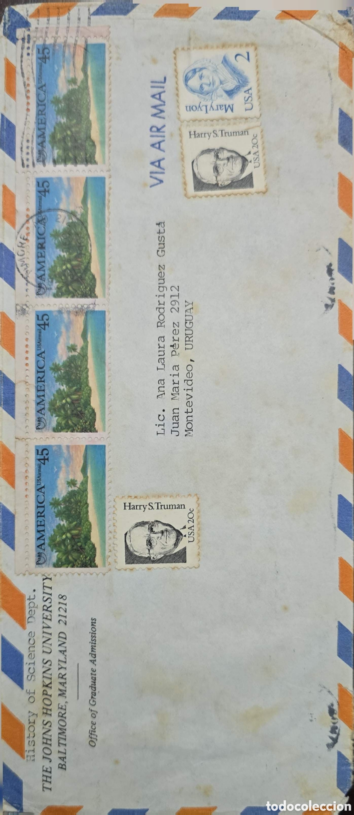 Sellos: CA)Estados Unidos + 1990s + Airmail + Academic envelope bordered in red‑white‑blue stripes, franked