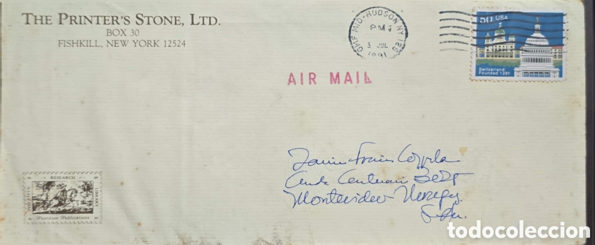 Sellos: CA)Estados Unidos + 1991 + Airmail + Vintage envelope from Fishkill, New York with printed &ldquo;AIR MAIL