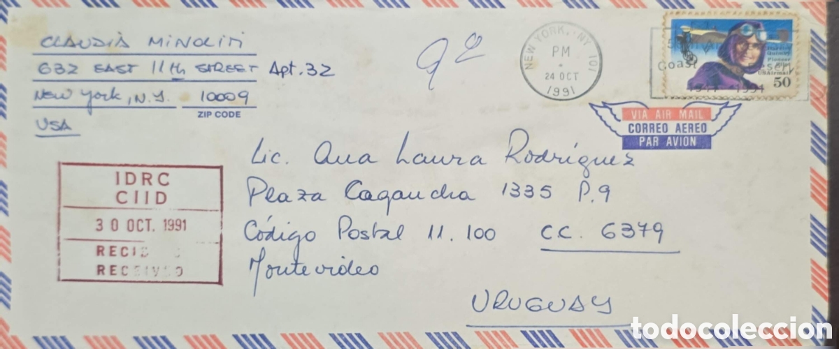 Sellos: CA)Estados Unidos + 1991 + Airmail + Personal envelope bordered in red‑white‑blue stripes, franked w