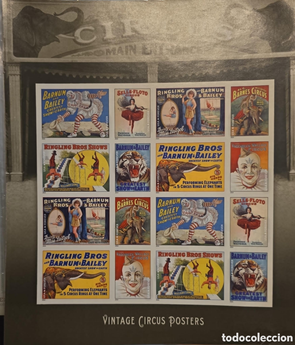 Sellos: CA)Estados Unidos + 1990s + Circus Posters + Collage featuring colorful vintage advertisements of Ba