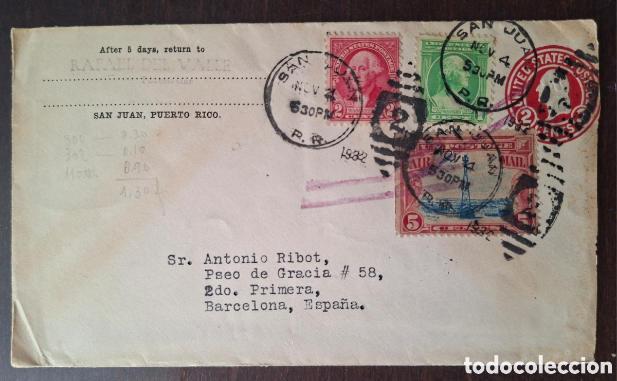 Sellos: Carta desde San juan Puerto Rico a Barcelona 1932