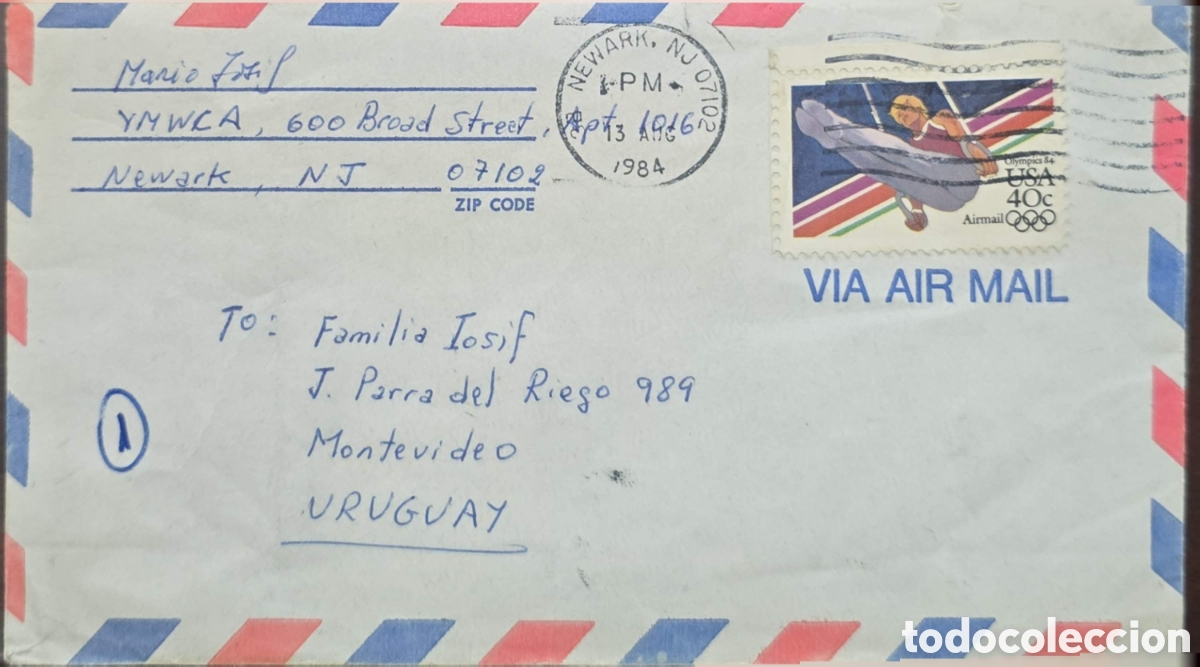Sellos: CA)USA + 1984 + Olympics Airmail + Envelope with handwritten addresses, Newark postal cancel April 1