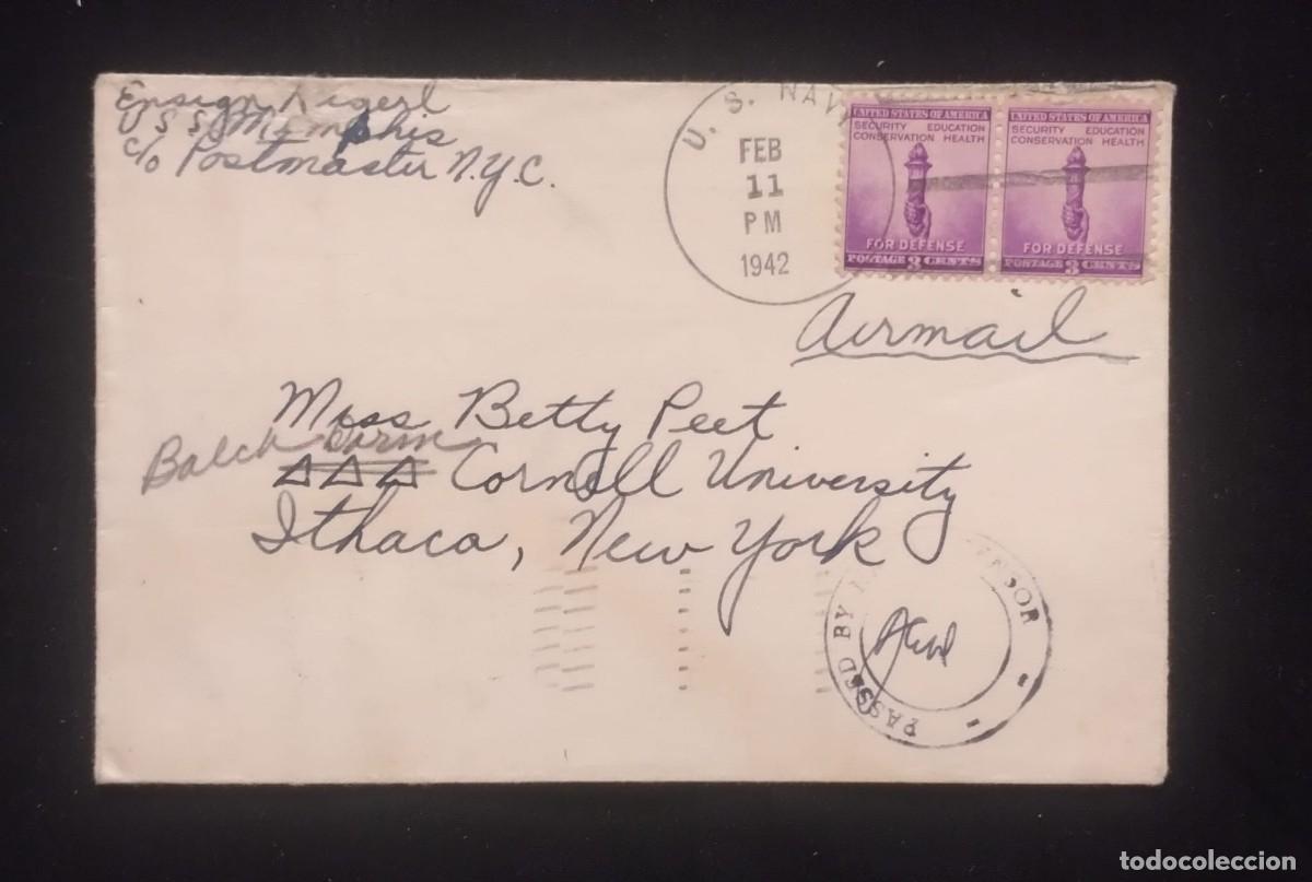 Sellos: TS) 1942 UNITED STATES, CENSORED, SENT VIA AIRMAIL FROM A U.S. NAVY SHIP, NATIONAL DEFENSE STAMPS FE