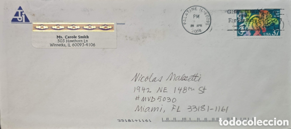 Sellos: CA)United States + 2004 + Floral Airmail Cover + Envelope sent from Palatine, Illinois, dated April