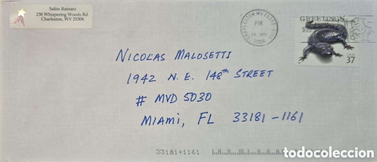 Sellos: CA)United States + 2004 + Greetings Salamander Cover + Envelope postmarked Charleston, West Virginia