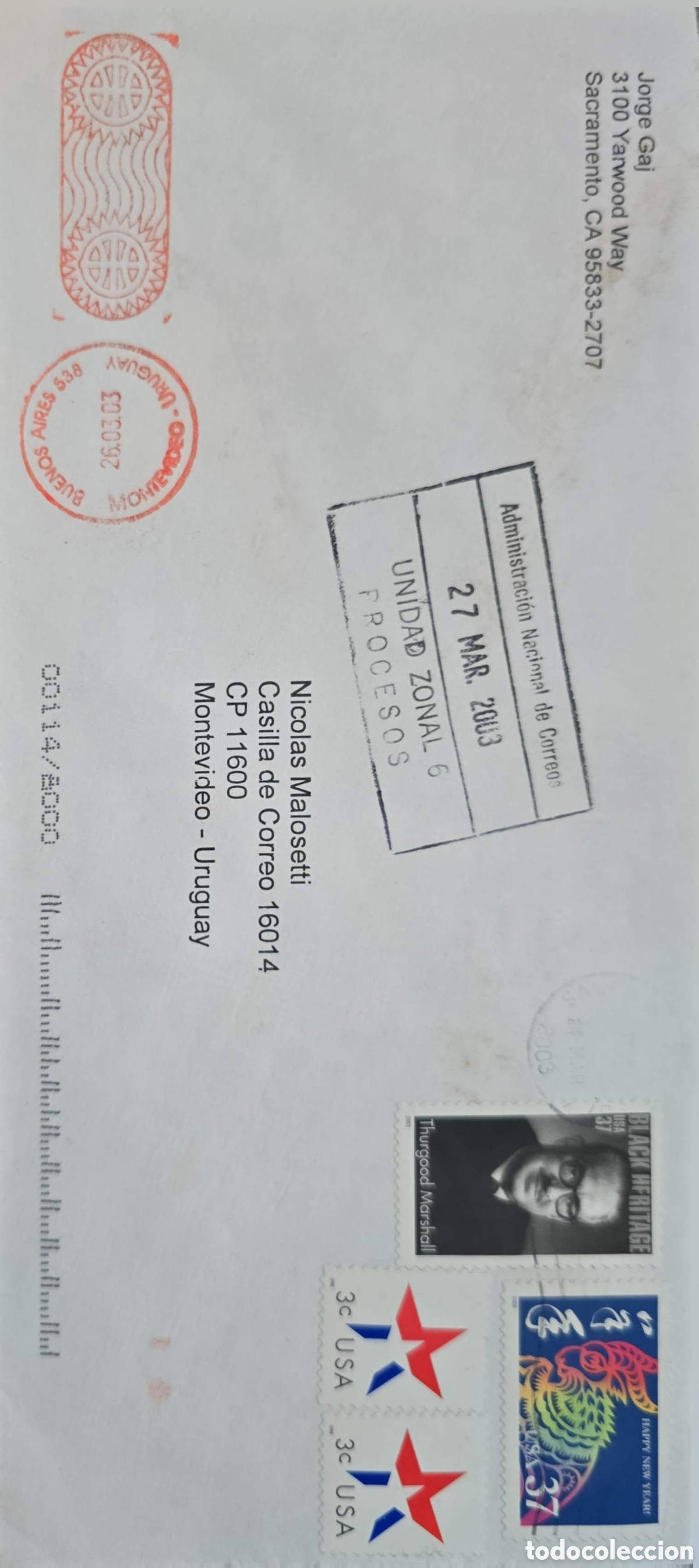 Sellos: CA)United States + 2003 + International Correspondence + Envelope sent from Sacramento, California,