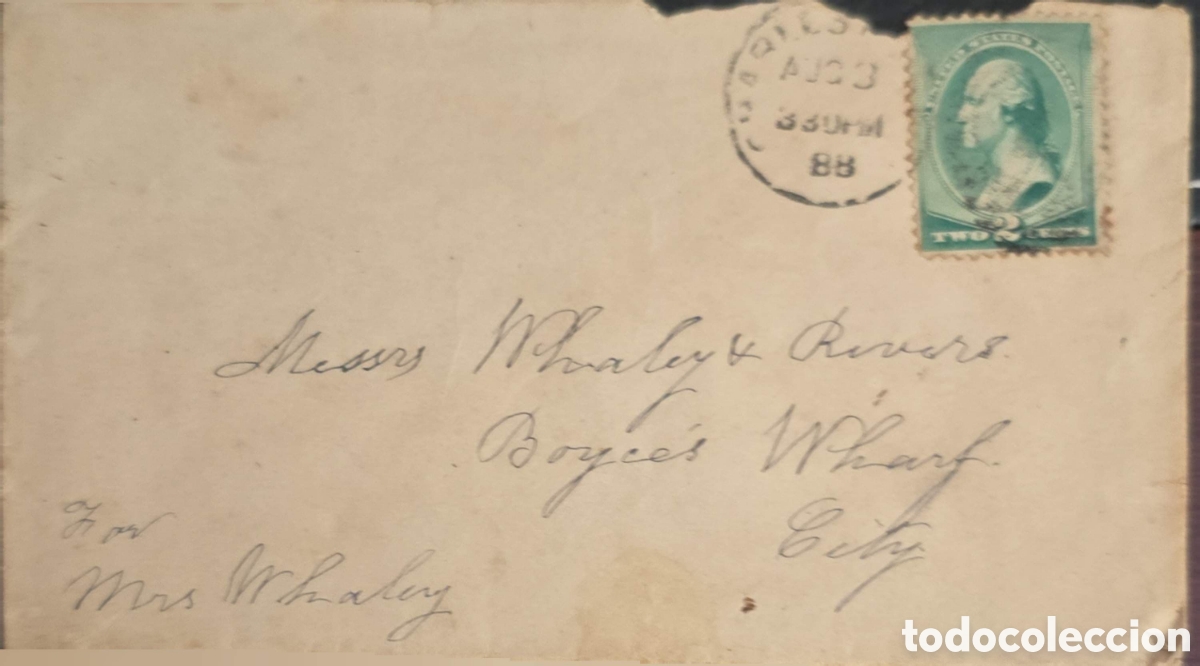 Sellos: CA)United States + 1888 + Washington Two‑Cent Cover + Historic envelope franked with green 2&cent; George
