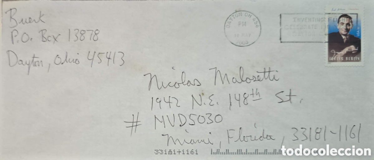 Sellos: CA)United States + 2003 + Irving Berlin Commemorative Cover + Envelope postmarked Dayton, Ohio, May