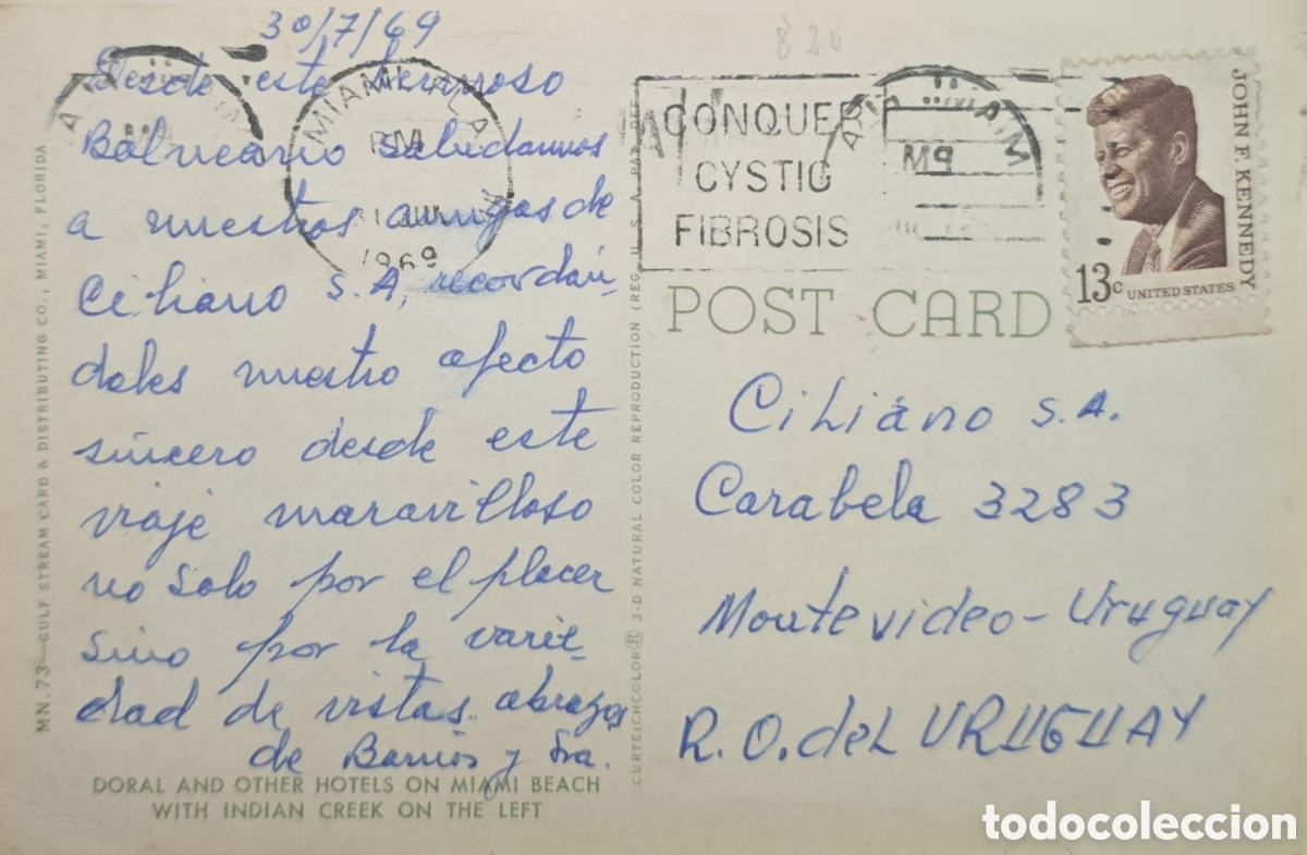 Sellos: CA)United States1969 Postcard mailed from Miami, Florida (United States) to Montevideo, Uruguay. It