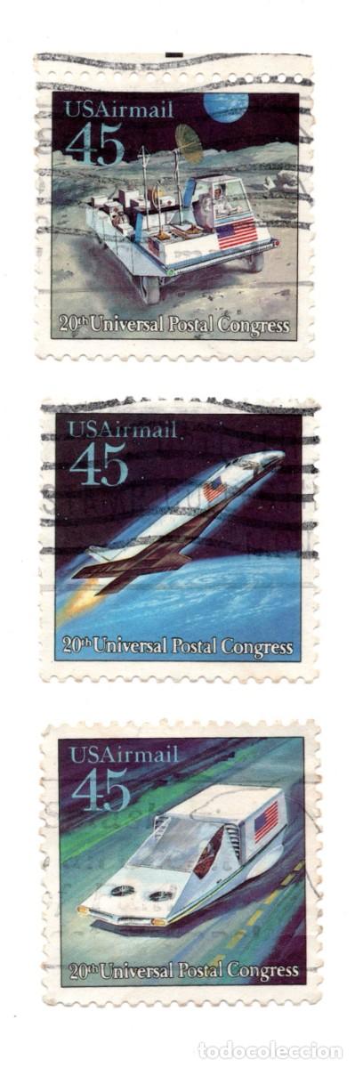 Sellos: EE.UU. 1989 &ndash; Lote 3 sellos Correo A&eacute;reo 45c &rdquo;20th Universal Postal Congress&rdquo; &ndash; usados