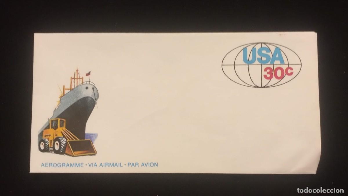 Sellos: TS) 1982 UNITED STATES, PREPAID AEROGRAM, AIRMAIL,WITH A CARGO SHIP AND AN EXCAVATOR SYMBOLIZING TRA