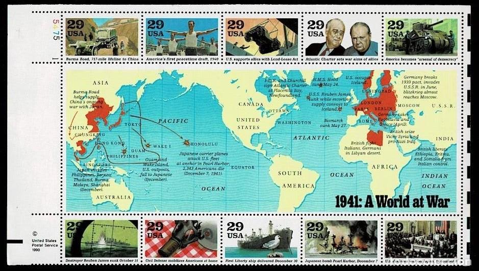 Sellos: L34-710 ESTADOS UNIDOS 1941 el mundo en guerra 50 anv&ordm; II guerra mundial HOJITA DE 10 EJEMPLARES Sin