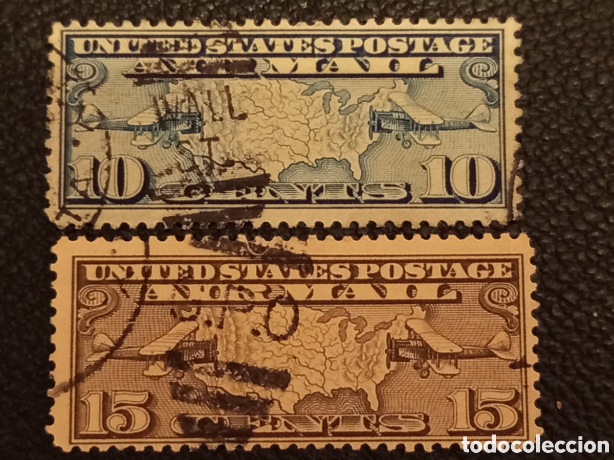 Sellos: Lote 2 Sellos Correo A&eacute;reo EE.UU. 1926 Mapa Biplanos Scott C7 y C8 Usados