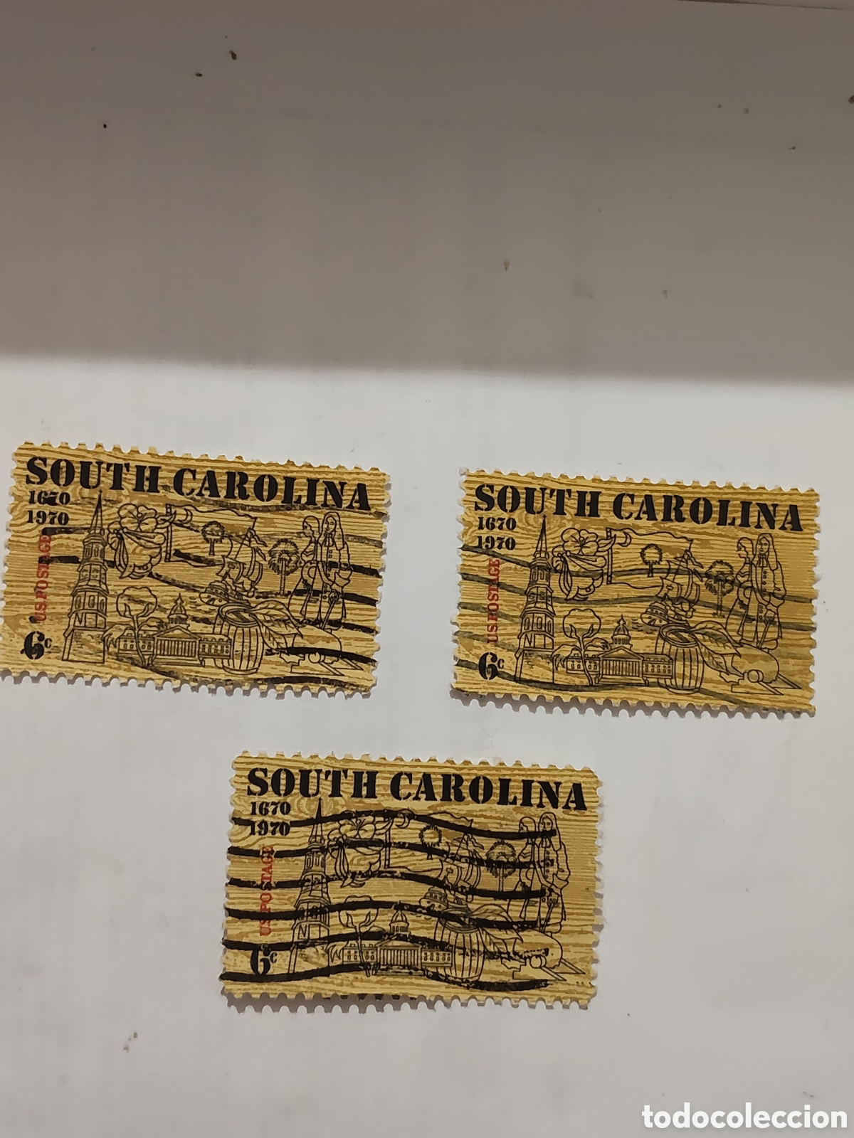 Sellos: 3 Sellos de Estados Unidos Tricentenario de Carolina del Sur 1970