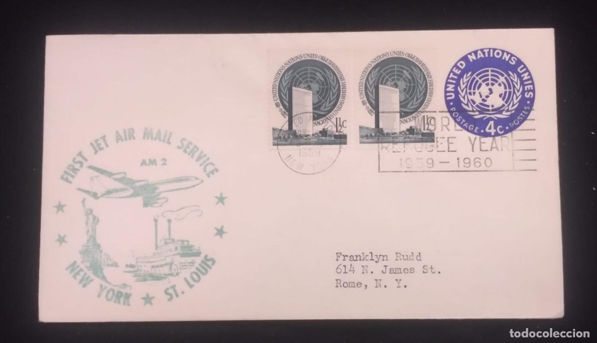 Sellos: TS) 1959 UNITED STATES, CANCELLATION SLOGAN, FIRST JET AIR MAIL SERVICE NEW YORK - ST. LOUIS.