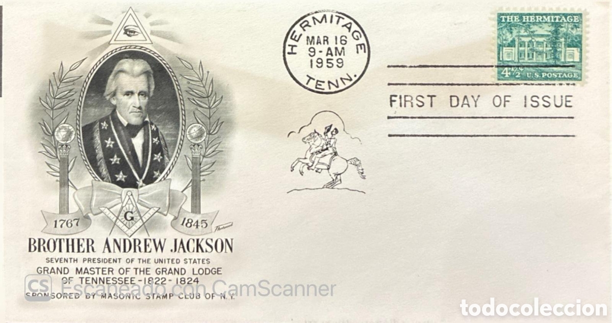 Sellos: CA) UNITED STATES 1959. Freemasonry / President Andrew Jackson / The Hermitage (Jackson's estate) /