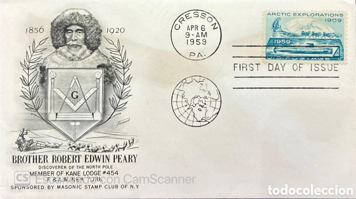 Sellos: CA) UNITED STATES 1959. Freemasonry / Arctic explorations / Brother Robert Edwin Peary (discoverer o