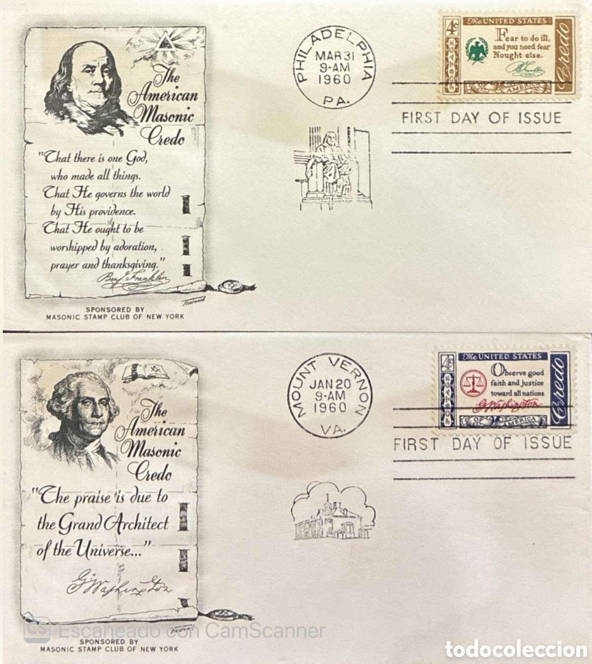 Sellos: CA)United States1960 (postmarks read &rdquo;JAN 20 9-AM 1960 VA.&rdquo; and &rdquo;MAR 31 9-AM 1960 PA.&rdquo;) FDC/ Freemas