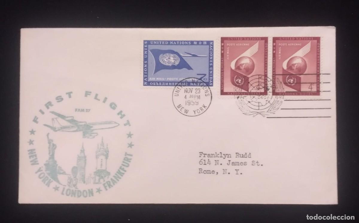 Sellos: TS) 1959 UNITED STATES, CANCELLATION STAMP,FIRST FLIGHT FAM-27 NEW YORK - LONDON - FRANKFURT.