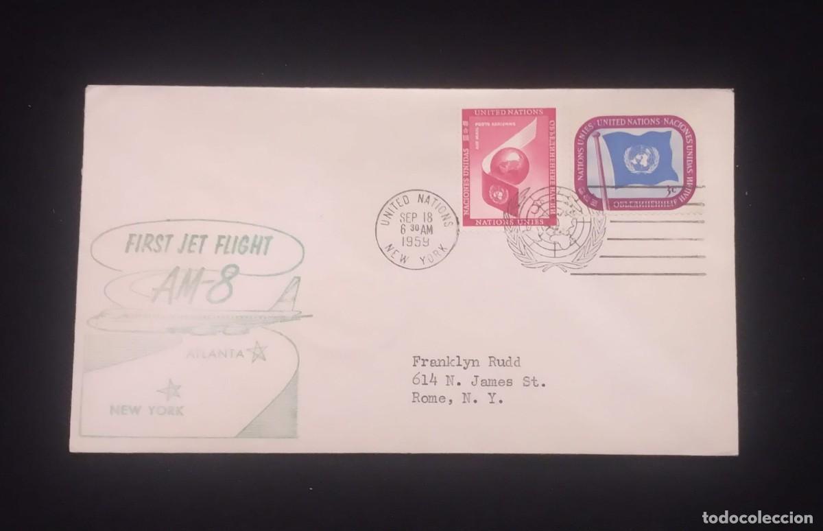 Sellos: TS) 1959 UNITED STATES, CANCELLATION STAMP, FIRST JET FLIGHT NEW YORK - ATLANTA, UNITED NATIONS STAM