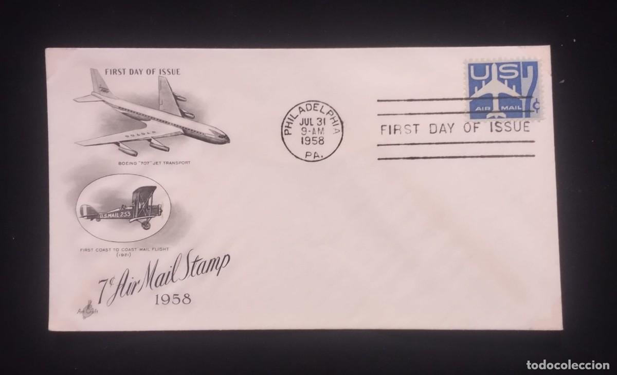 Sellos: TS) 1958 UNITED STATES,FDC,AIRMAIL,BOEING 707 JET TRANSPORT.